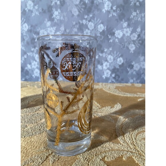 Vintage 50s Christmas Tumblers 1950s Gold & Clear Holiday Drinking Glasses Bar - Picture 4 of 5
